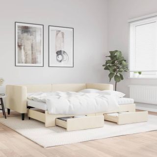 диван-кровать с выдвижной секцией, кремовый, 90x200 см, ткань