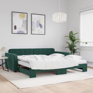 diivanvoodi väljatõmmatava osaga, tumeroheline 100x200 cm samet