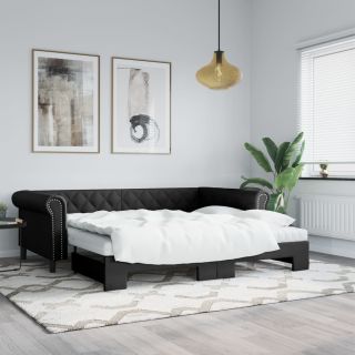 диван-кровать с выдвижной секцией, черный, 90x200 см, искусственная кожа