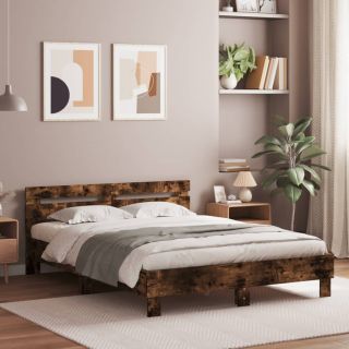 Каркас кровати со светодиодной подсветкой и изголовьем, дымчатый дуб, 140 x 190 см