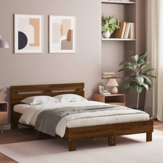 Каркас кровати со светодиодной подсветкой и изголовьем, коричневый дуб, 135 x 190 см