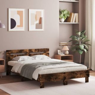 Каркас кровати со светодиодной подсветкой и изголовьем, дымчатый дуб, 120 x 190 см