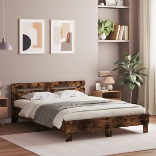 Каркас кровати со светодиодной подсветкой и изголовьем, дымчатый дуб, 150 x 200 см