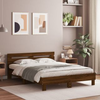 Каркас кровати со светодиодной подсветкой и изголовьем, коричневый дуб, 140 x 200 см