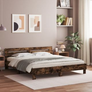 Каркас кровати со светодиодной подсветкой и изголовьем, дымчатый дуб, 160 x 200 см