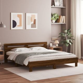 Каркас кровати со светодиодной подсветкой и изголовьем, коричневый дуб, 160 x 200 см