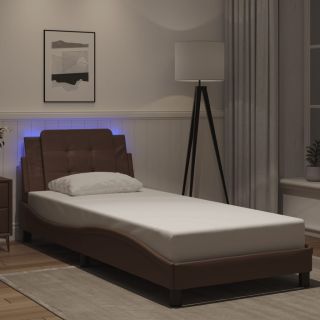 voodiraam LED-tuledega, pruun, 90 x 200 cm, kunstnahk
