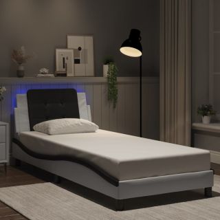 voodiraam LED-tuledega, valge ja must, 90 x 200 cm, kunstnahk
