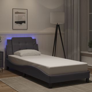 voodiraam LED-tuledega, hall, 90 x 190 cm, kunstnahk