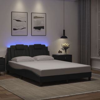 voodiraam LED-tuledega, hall, 140 x 200 cm, kunstnahk