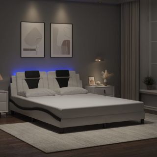 voodiraam LED-tuledega, valge ja must, 160 x 200 cm, kunstnahk