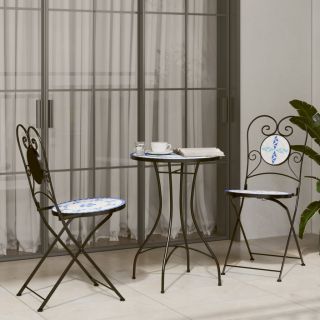 mosaiikplaadiga bistrookomplekt, sinine/valge, raud, keraamika