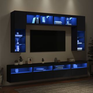 8-osaline teleri seinakappide komplekt LED-tuledega, must