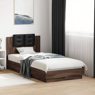 voodiraam peatsi ja LED-tuledega, pruun tamm, 90x190 cm
