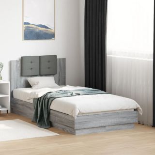 voodiraam peatsi ja LED-tuledega, hall Sonoma tamm, 90 x 190 cm