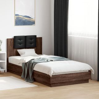 Каркас кровати с изголовьем и светодиодной подсветкой, коричневый дуб, 90 x 200 см
