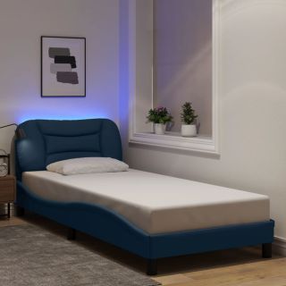 voodiraam LED-tuledega, sinine, 90 x 190 cm, kangas