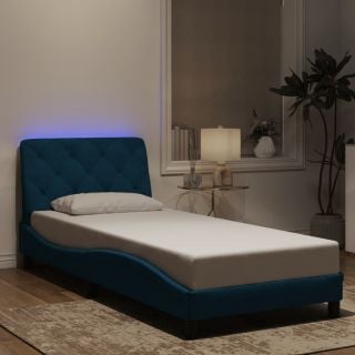 voodiraam LED-tuledega, sinine, 90 x 200 cm, samet