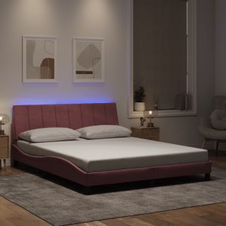 voodiraam LED-tuledega, roosa, 160x200 cm, samet