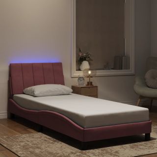 voodiraam LED-tuledega, roosa, 90x200 cm, samet