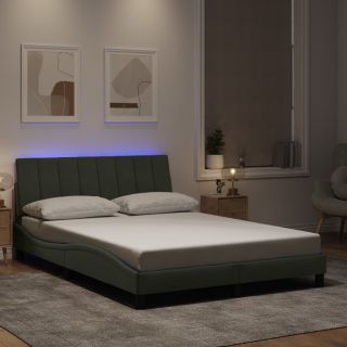 voodiraam LED-tuledega, helehall, 140x190 cm, samet