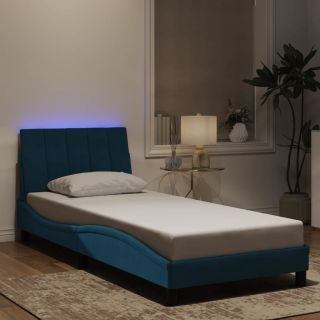 voodiraam LED-tuledega, sinine, 90 x 190 cm, samet