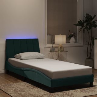 voodiraam LED-tuledega, tumeroheline, 90x190 cm, samet