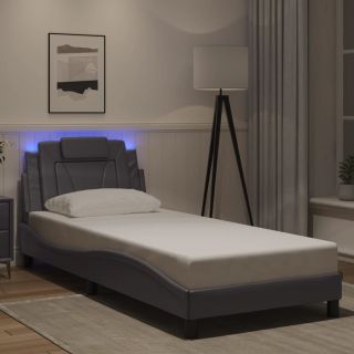 voodiraam LED-tuledega, hall, 90 x 190 cm, kunstnahk