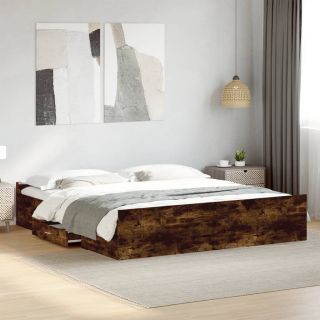 каркас кровати с ящиками, копченый дуб, 200 x 200 см, искусственное дерево