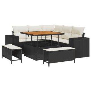 8-osaline Aia Diivanikomplekt Padjadega Must Polü Rattan Akatsiaga,3-osaline Aia Söögilaua Komplekt Padjadega Must Polü Rattan Akatsiaga