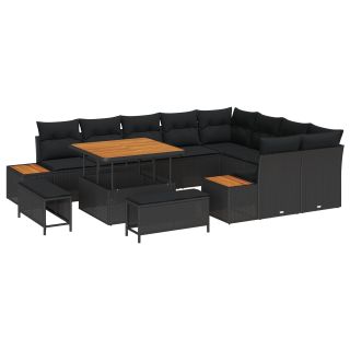 12-osaline aia diivanite komplekt padjadega Must Polü Rattan Akaatsia,3-osaline aia söögikohtade komplekt padjadega Must Polü Rattan Akaatsia