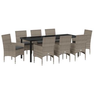 9-osaline Aia Söögi Komplekt Padjakestega Hall Polü Rattan,Aialaud Must 200x80x73 cm Temperitud Klaas