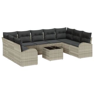 10-osaline Aia Sofa Komplekt Padjadega Hall Polü Rotang,2-istega Aia Sofa koos Lae ja Padjad Helehall Polü Rotang