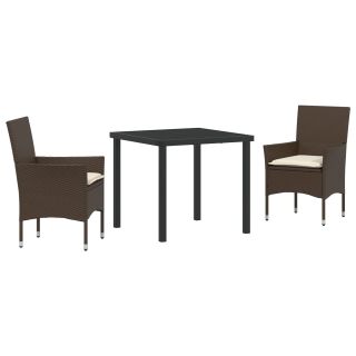 3-osaline Aiaköögimööbel padjadega Pruun Polü Rattan,Aiapaber Must 80x80x73 cm Temperitud Klaas