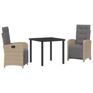 3-osaline aia söögikomplekt patjadega beež polü rattan,Aia laud must 80x80x73 cm karastatud klaas