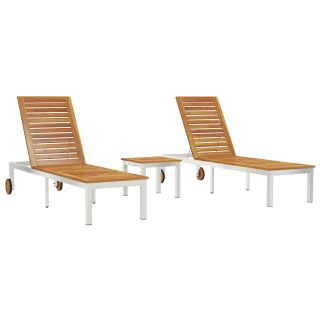 Päikeselounged 2 tk laua ja tahke akaatsiapuiduga,Päikeselounger ratastega 207x58x35 cm tahke akaatsiapuit ja roostetamisvastane teras
