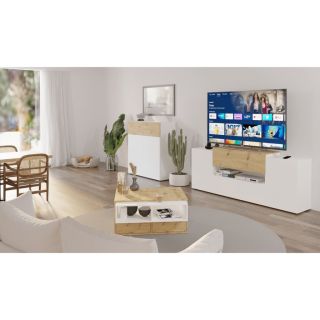 Тумба FMD TV/Hi-Fi, 182 x 33 x 70,2 см, белая и обработанная вручную дубовая