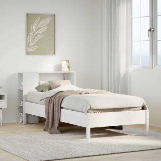 riiuliga voodiraam ilma madratsita, valge, 100x200cm, männipuit