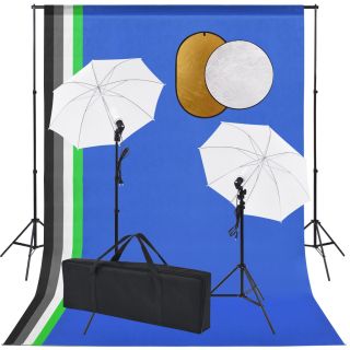 fotostuudiokomplekt, lambid vihmavarjud, taustapilt, reflektor