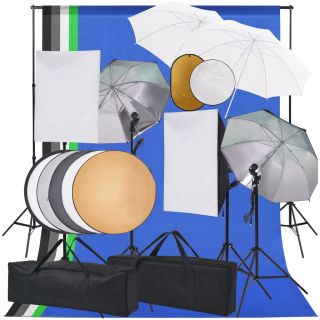 fotostuudiokomplekt valgustus, vihmavari, taustapilt, reflektor