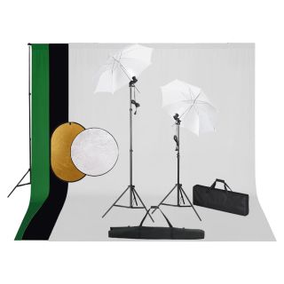 fotostuudiokomplekt lambid, vihmavari, taustapilt ja reflektor