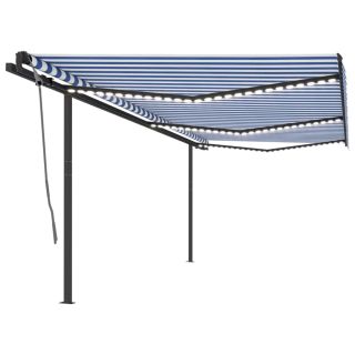 käsitsi sissetõmmatav varikatus LEDiga, 6x3 m, sinine/valge