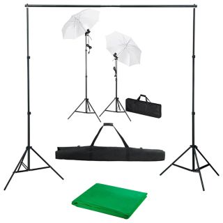 fotostuudiokomplekt taustapildi, lampide ja vihmavarjudega