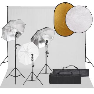 fotostuudio komplekt valgustuse, taustapildi ja reflektoriga