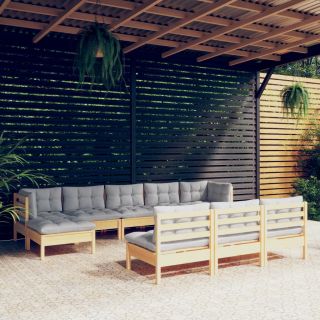 10-osaline aiamööbli komplekt hallide patjadega, männipuit
