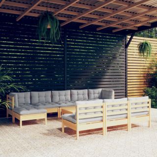 11-osaline aiamööbli komplekt hallide patjadega, männipuit