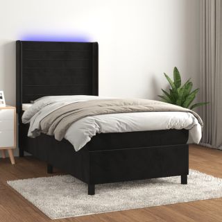 kontinentaalvoodi madrats ja LED, must, 90x190 cm, samet