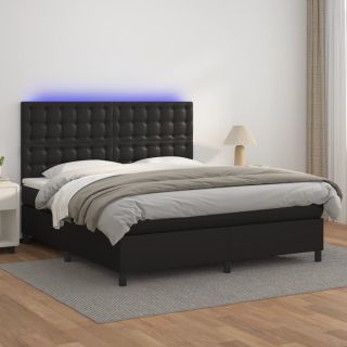 континентальная кровать с матрасом, светодиодная подсветка, черная, 180x200 см, искусственная кожа