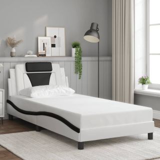 каркас кровати с изголовьем, белый и черный, 100x200 см, искусственная кожа