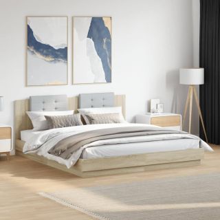 Каркас кровати с изголовьем и светодиодной подсветкой, дуб Сонома, 160 x 200 см